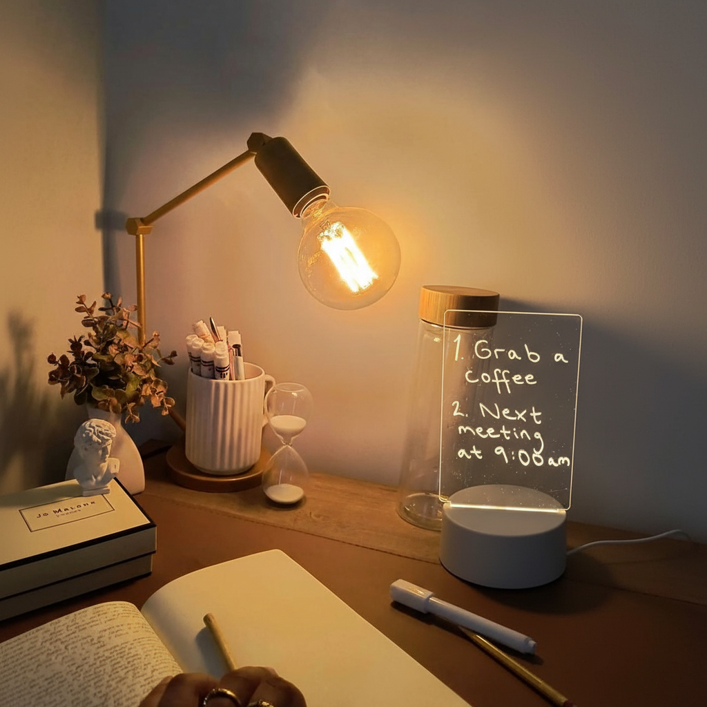 Discover Calmify™ — the erasable LED note board that brings light and creativity to your space. Write, erase, and glow with soft LED light on a smooth acrylic surface. Perfect for notes, doodles, quotes, or affirmations. USB powered, safe, and energy-efficient — ideal for home or office.